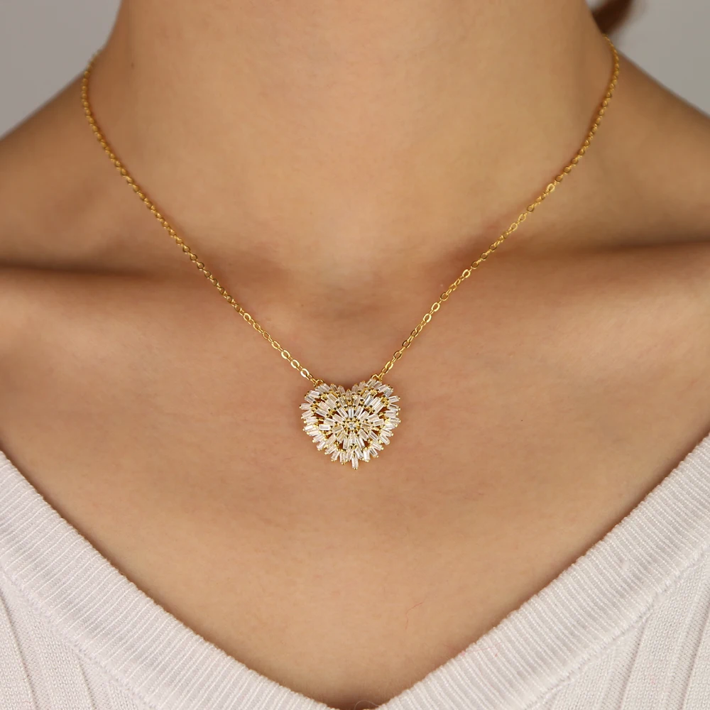 Gold silver 2 colors 41+5cm baguette firework cz sparking bling Heart pendant necklace for girlfriend - Image 6
