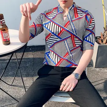 

Lodeal Summer Men's Shirt Loose Print Men's Casual Shirt Half Sleeve Stand Collar Street Men's Shirt