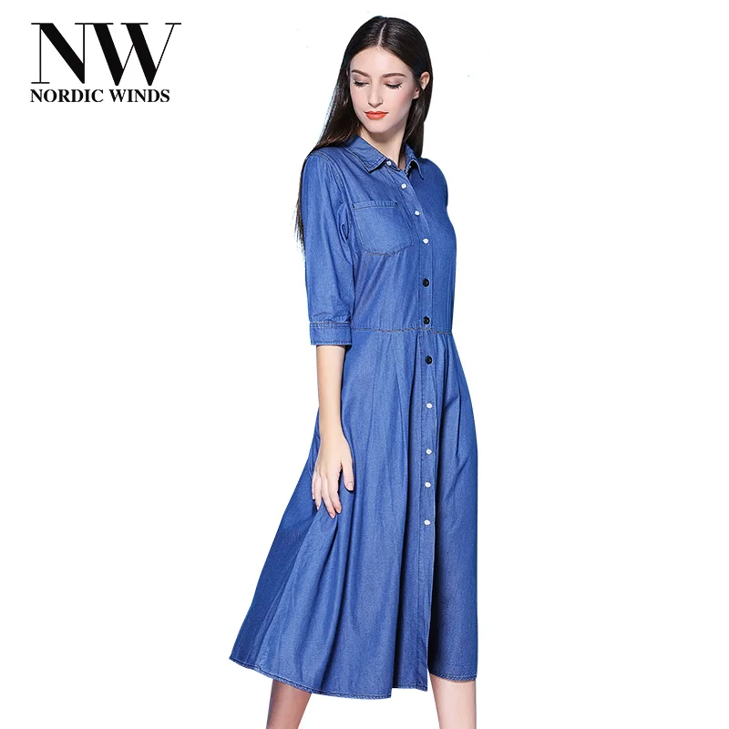 Nordic Winds Denim Dress New Trendy A Line Shirt Jean Dress Midi Blue