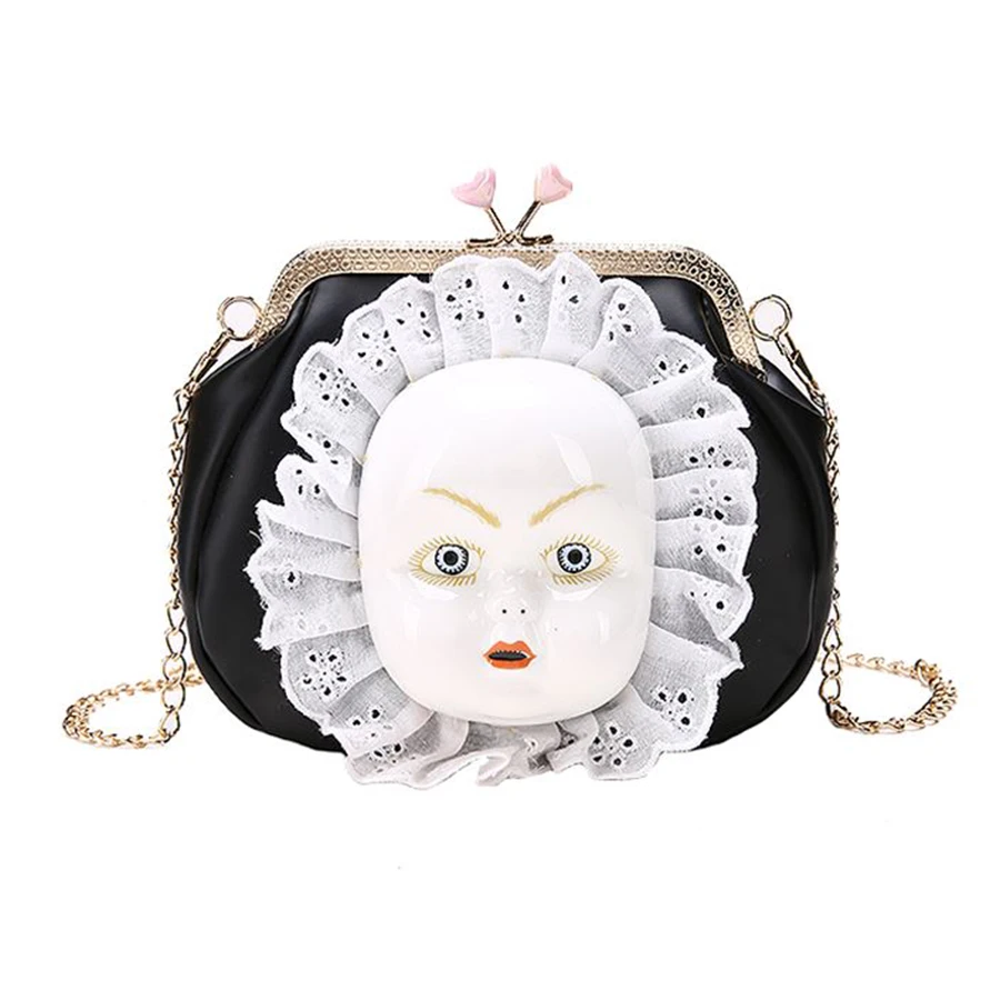 

Vintage Gothic Porcelain Doll Lace Round Leather Crossbody Bags Women Pu Chains Handbag Purse Mini Ladies Shoulder Messenger Bag