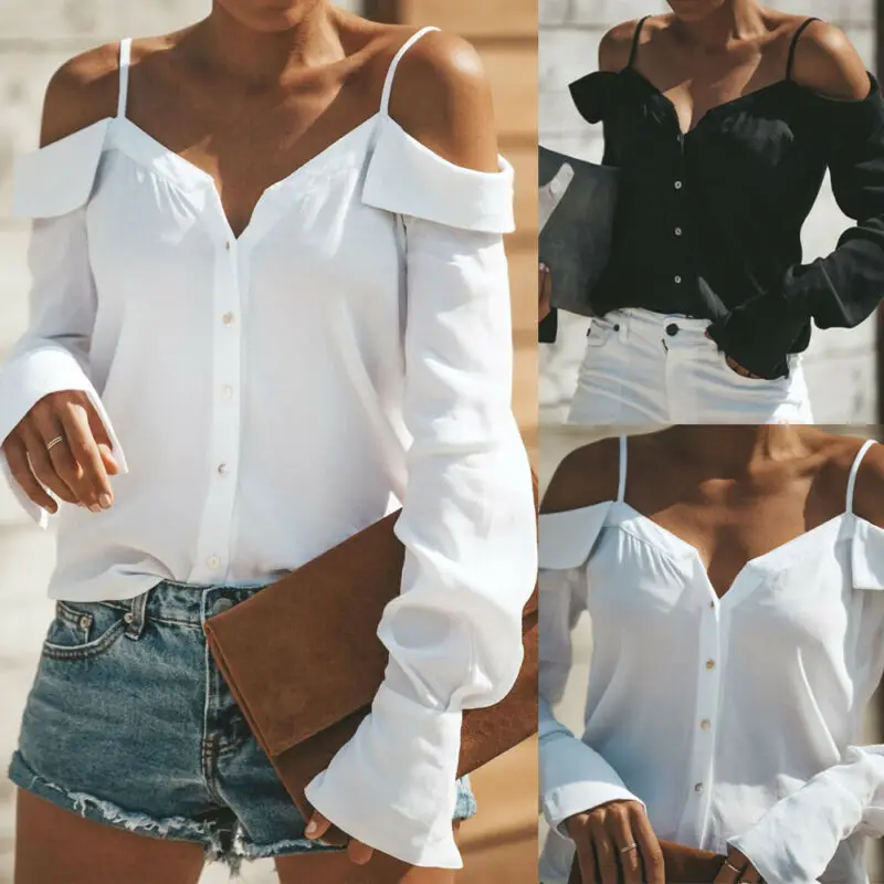 

Sexy Summer Womens Cold Off Shoulder V-neck Tops T Shirt Blouse Casual Loose