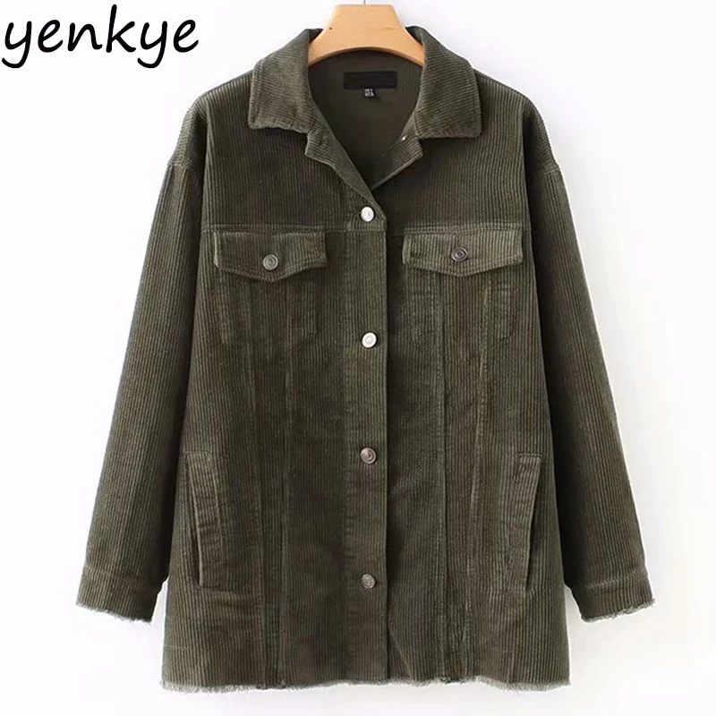 Women Vintage Oversized Corduroy Jacket Female Lapel Long Sleeve