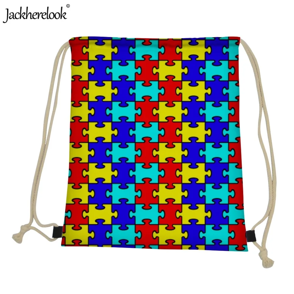 Jackherelook 3D Colorful Puzzle Autism Awareness Pattern Woman Drawstring Bags Multi function Backpacks Daily Storage Sack