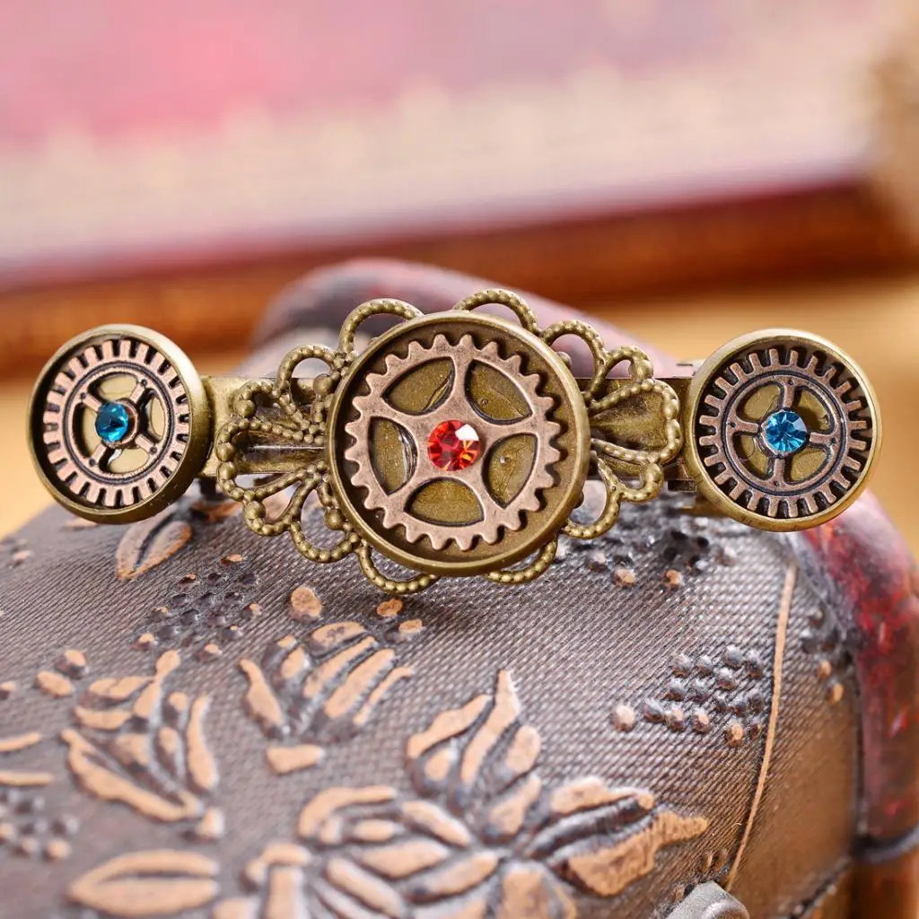 

Vintage Crystal Rhinestone Steampunk Gears Hair Clip Barrette Hair Accessory