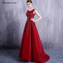 Vestido madrinha new lace beaded a Line red burgundy bridesmaid dresses trailing beautiful gaun pesta dewasa