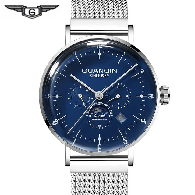Многофункциональные автоматические мужские часы GUANQIN деловые механические часы с 3 циферблатами Календарь Неделя Луна фаза Миланский ремешок - Цвет: Silver blue