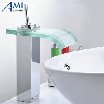 

Bathroom sink basin mixer tap chromed brass square black glass waterfall Faucet BF038