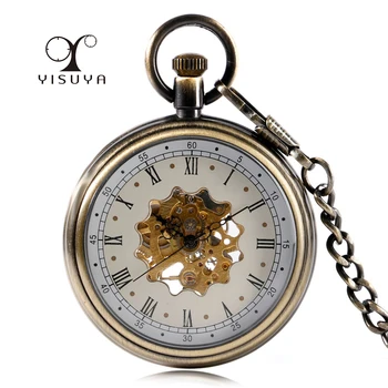 

Vintage Mechanical Hand-winding Pocket Watch Open Face Analog Dial Pendant Clock with Chain Watch for Men Skeleton Fob Watches