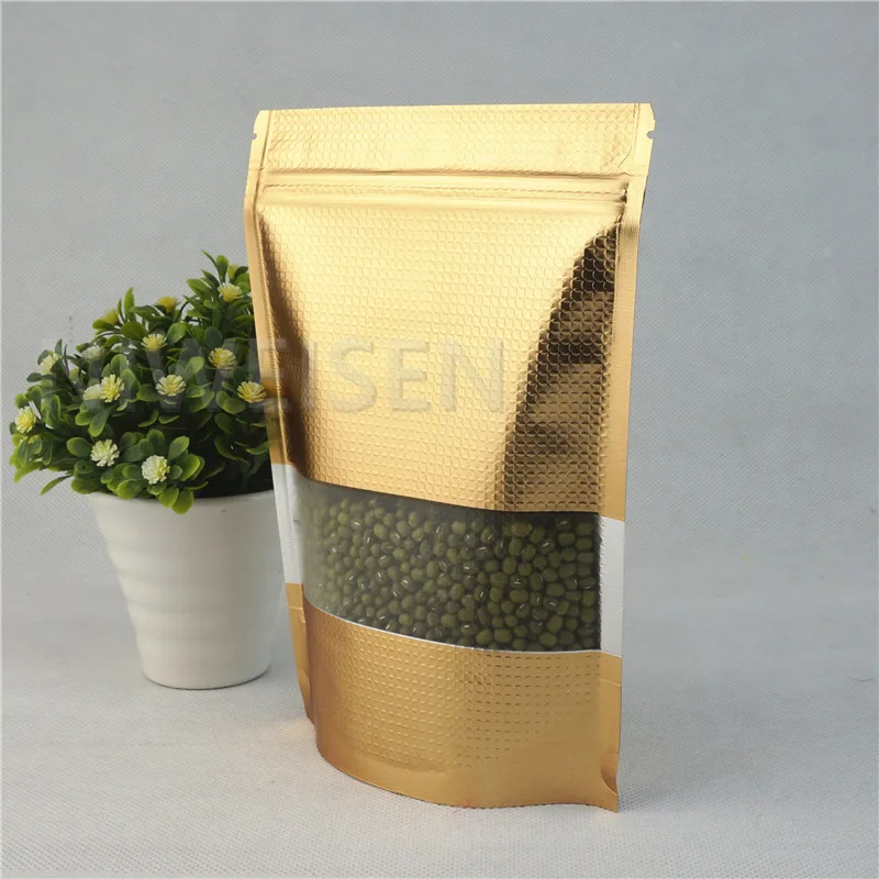 

10x15cm 100pcs Reclosable Dark Gold Stand aluminum foil zipLock bags with matte window Embossed Aluminized plastic pouch sachet