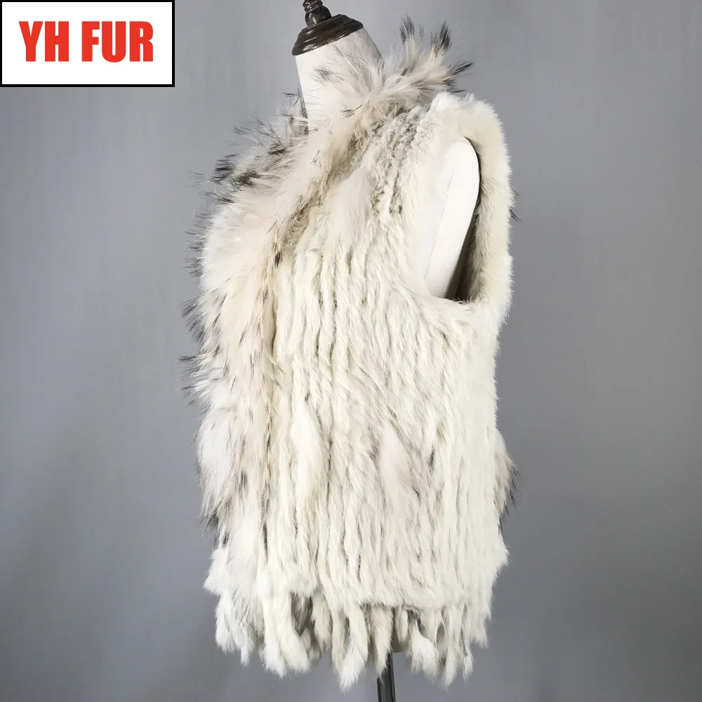 

2019 Hot Sale Party Women Real Rabbit Fur Vest Knitted Tassels Real Genuine Rabbit Fur Gilet Real Raccoon Fur Collar Waistcoat