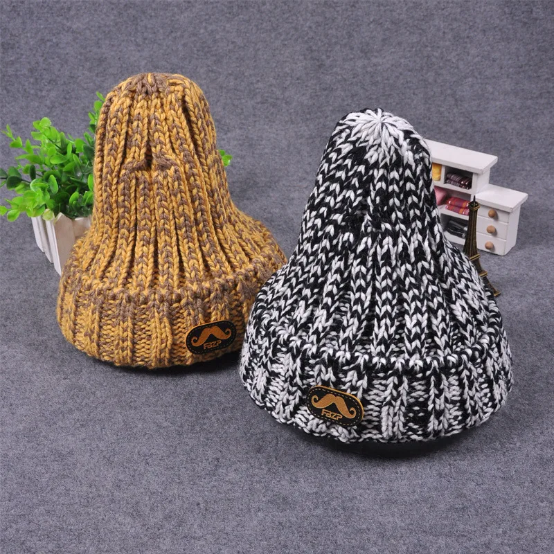 

Fashion Thicken Winter Knitted Hat With Mustache Patches for Women Knitting Wool Cap Warm Bomber Earflap Flag Winter Beanie Hat