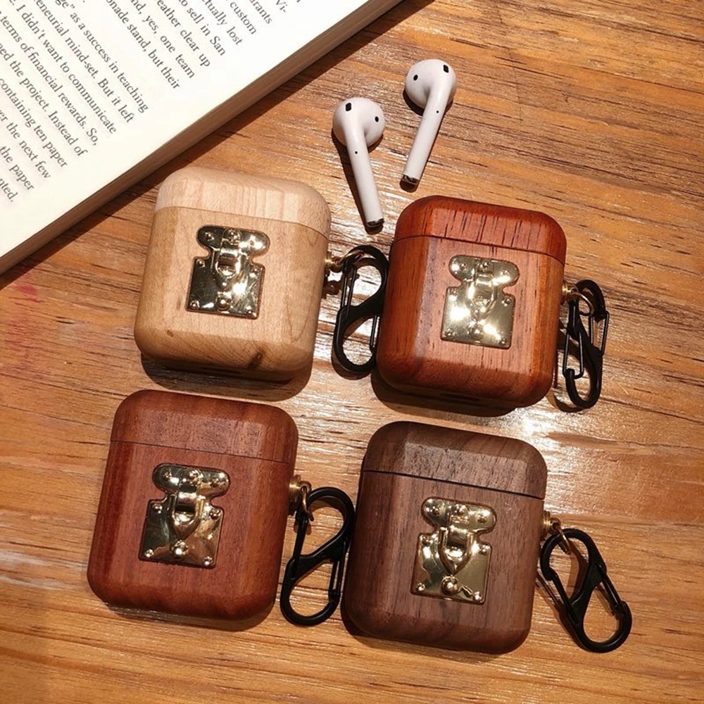 

New 2019 Retro Wooden Metal Case for Airpods 2 1 Cover Wireless Earbuds Charging Anti-lost Full Protective Earphone Bag Box
