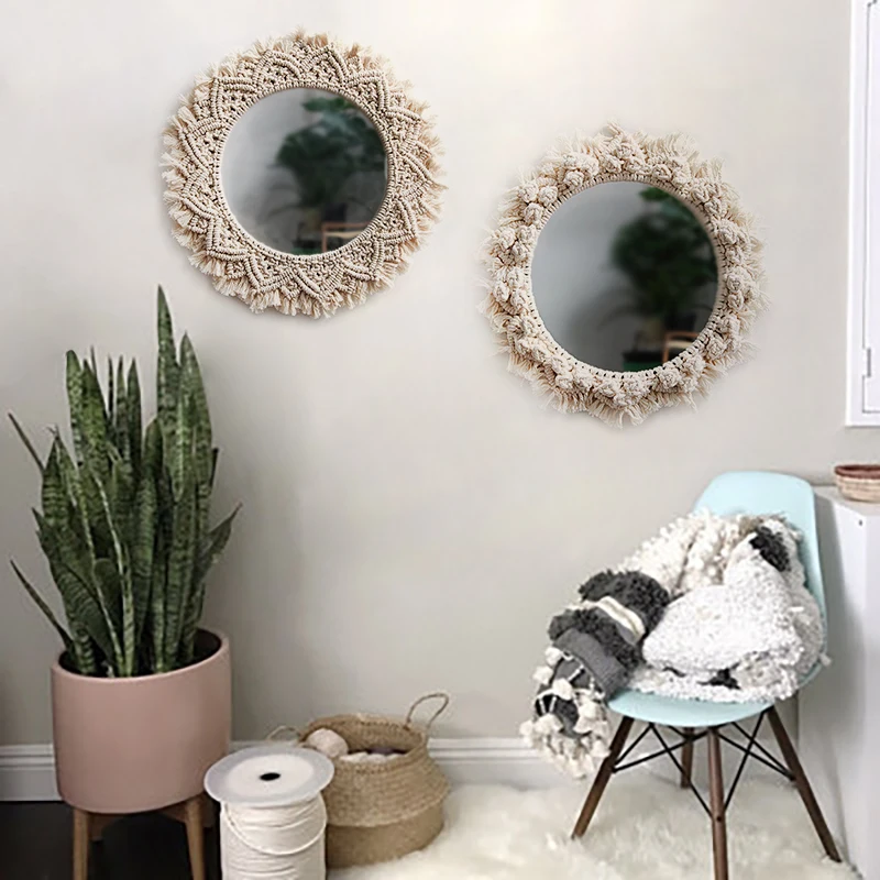 Diámetro 40CM boho macramé tejido a mano simple hogar colgar sala de estar decoración colgante de pared espejo decorativo tapiz de pared Diámetro 40CM boho macramé tejido a mano simple hogar colgar sala de estar decoración colgante de pared espejo decorativo tapiz de pared