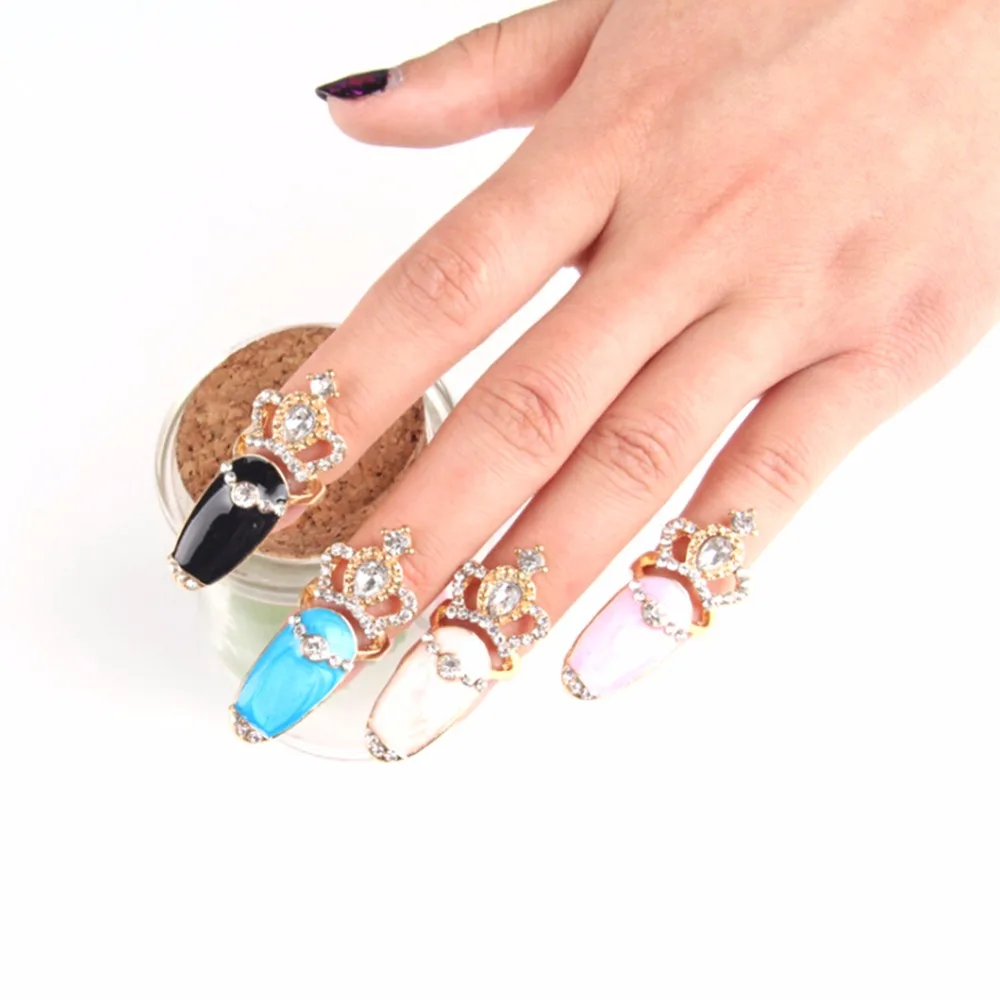 Fatpig 4 Pcs Enamel Fingertip Rings Set Crown Rhinestone Above Knuckle
