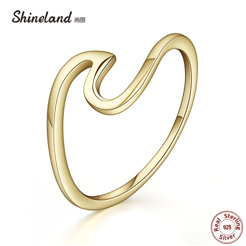 Shineland Brand Simple Wave Gold Silver Color 100% 925 Sterling Silver Finger Rings Women Girl Fashion Bijoux Party Wedding Gift