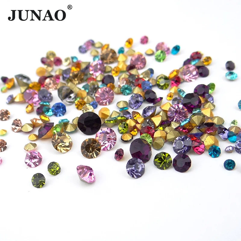 

JUNAO 1100pc SS 6 10 16 30 Mix Size Color Glass Nail Rhinestone Set Pointback Crystal Stones Round Strass Diamond Decoration