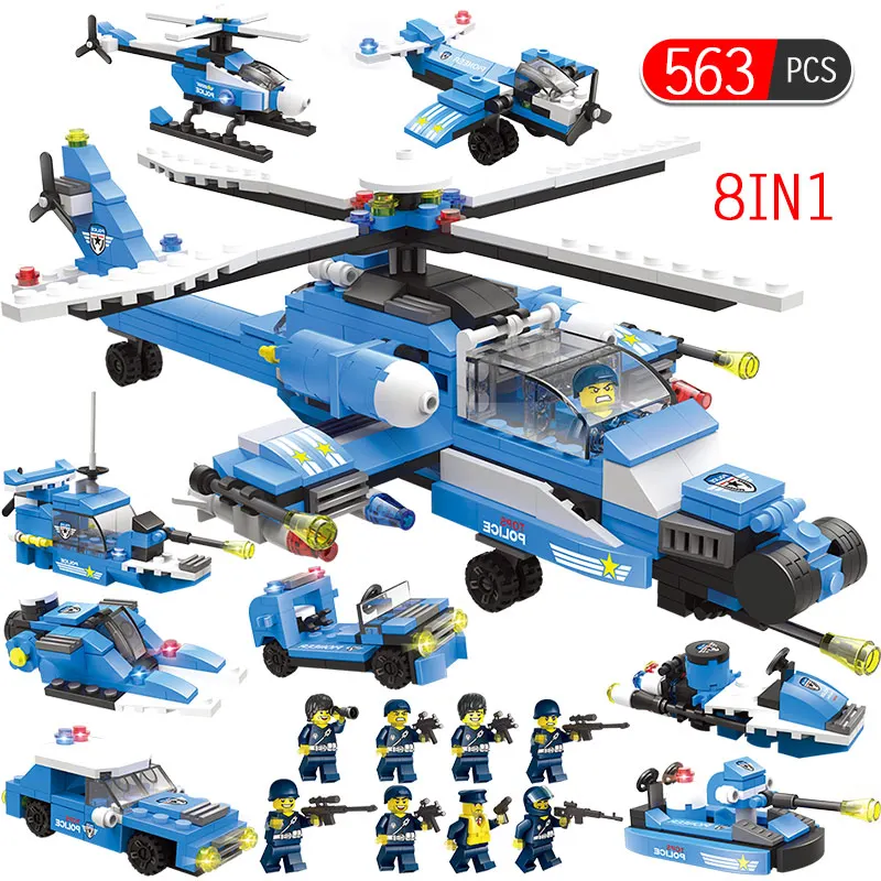 City Police Helicopter Building Blocks Car Boat Vehicle Police Figures Bricks Toys for Boys Compatible with Legoing City SWAT