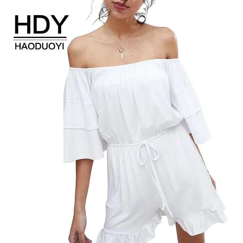 

HDY Haoduoyi Summer Sweet Sexy Sheer White Off-shoulder Jumpsuit Elegant Costumes Layered Cuff Tie Waist And Frill Hem Pants