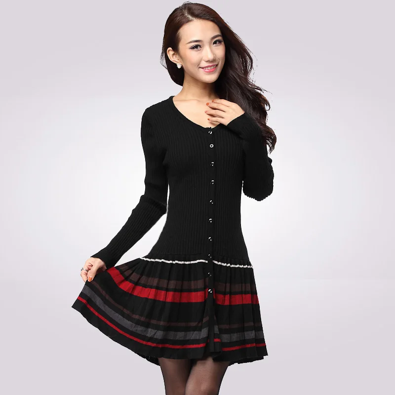 New 2017 winter dress long sleeve Plus size clothing one piece dress Warm sheep wool knitted