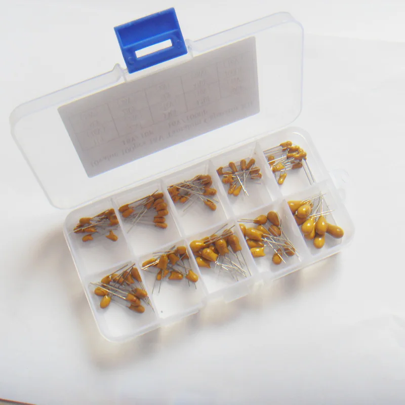 100pcs 16V 10 Values 1uf-100uf Tantalum Capacitor Assorted Kit ±1/% With Box