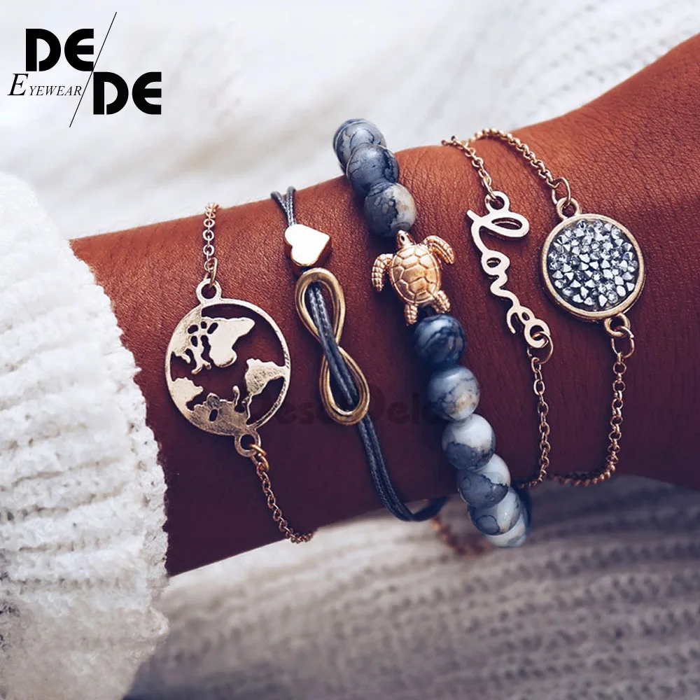 

5 Pcs/set Bohemian Pineapple Turtle Heart Earth Bracelet Sets for Women Weave Rope Chain Bracelets Pulseras Mujer Stone Jewelry