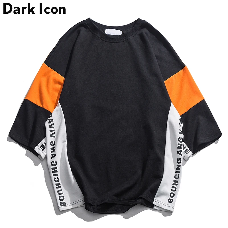 

Dark Icon Letters Print Patchwork Oversized Tshirt Half Sleeve 2019 Summer Street Men's T-shirt Terry Material Cotton Tee Shirts