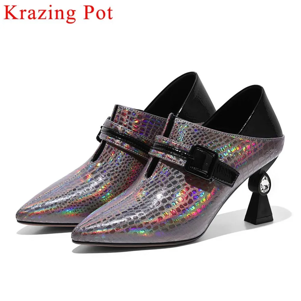 

Krazing Pot mixed colors high heels oxford pointed toe high heels celebrity party buckle strap big size retro vintage pumps L91