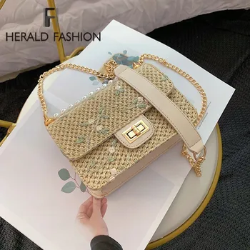 

Herald Fashion Chain Small Flap Bag For Women Quality Straw Shoulder Bag Casual Summer Beach Bag Ladies' Messenger Crossbody Bag