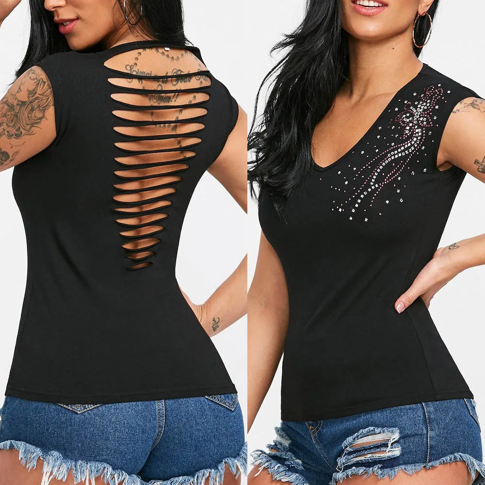 2018 Fashion Womens Sexy V Neck Rhinestone Shredded Tee Tank Tops