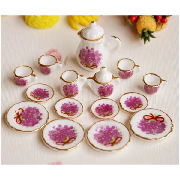Партия 15 фиолетовый цветок фарфоровый кукольный домик Миниатюрный кофе чай чашки набор