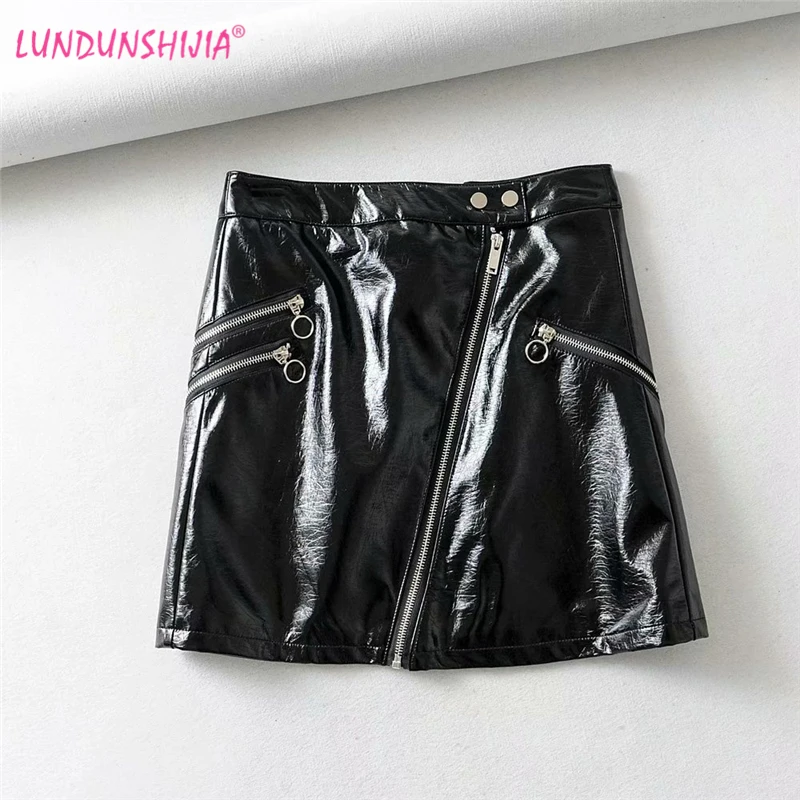 

LUNDUNSHIJIA 2019 Summer Women Skirt Black Bright Lacquer PU Leather Sexy High Waist Mini Skirts