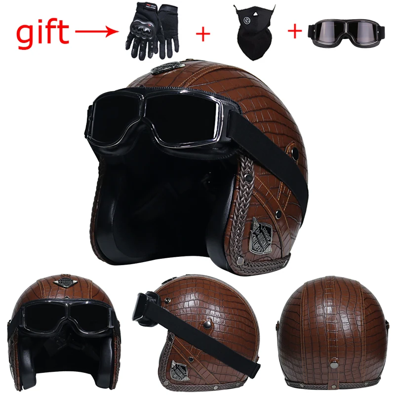 Adult open face PU leather Harley helmet 3/4 retro