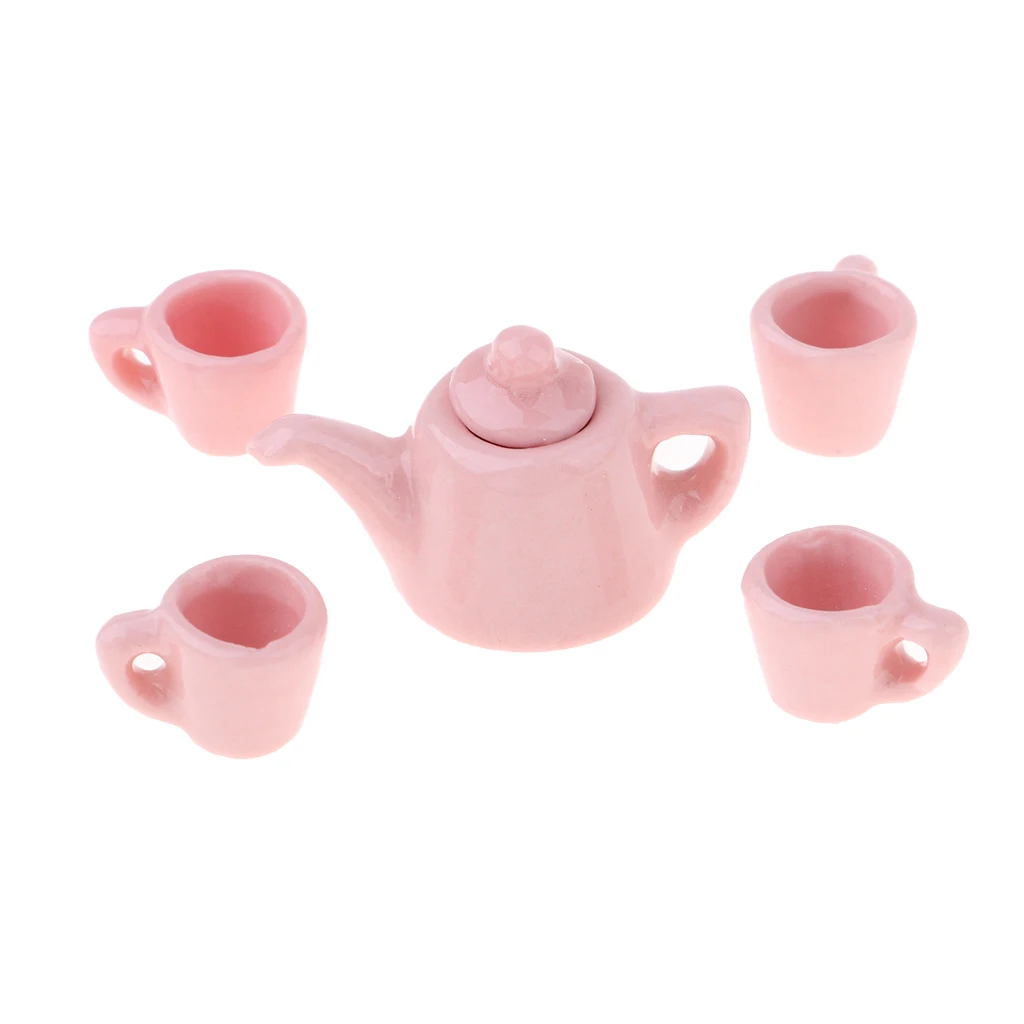 1/12 Dollhouse Miniature Ware Porcelain Tea Set Cup Pot Dish Cup Plate Pure Color Tableware Furniture Toy for Children (Pink)