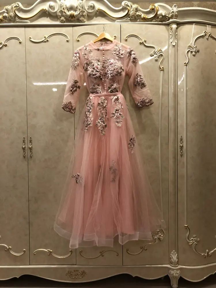 Вечернее платье розовый одежда с длинным рукавом Цветочный принт кружева-линии этаж Длина вечерние платья для выпускного вечера