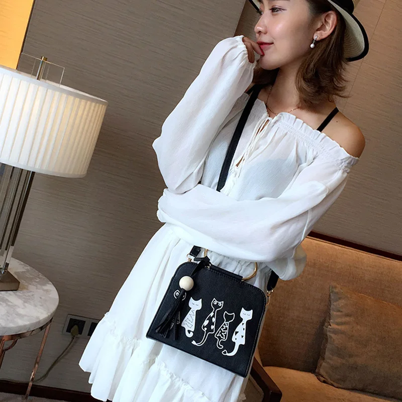 Women Handbag Cat Pattern PU Leather Female Single Shoulder Bags Cute Kitty Black Messenger Bag Ladies Fashion Tote Bolsa SS0347 (17)