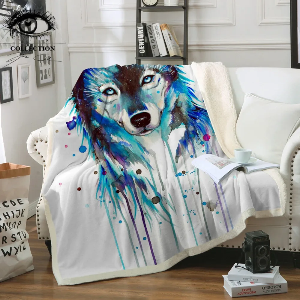 

Ice Wolf by Pixie Cold Art Watercolor Printed Plush Blanket Hippie Animal Throw Blanket on the Bed Sofa Colorful Bedding