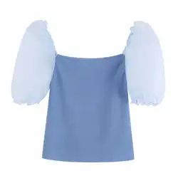 Новое Осеннее женское с буфами рукав чистая пряжа лоскутное вязание короткие блузки шикарная рубашка для коррекции фигуры женский сладкий