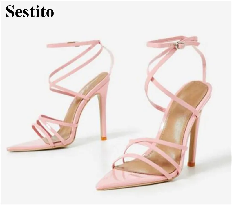 

Women Newest Solid Peep Toe Cross-tied Party High Heel Sandals Sexy Super High Thin Heels Buckle Strap Narrow Band Basic Shoes