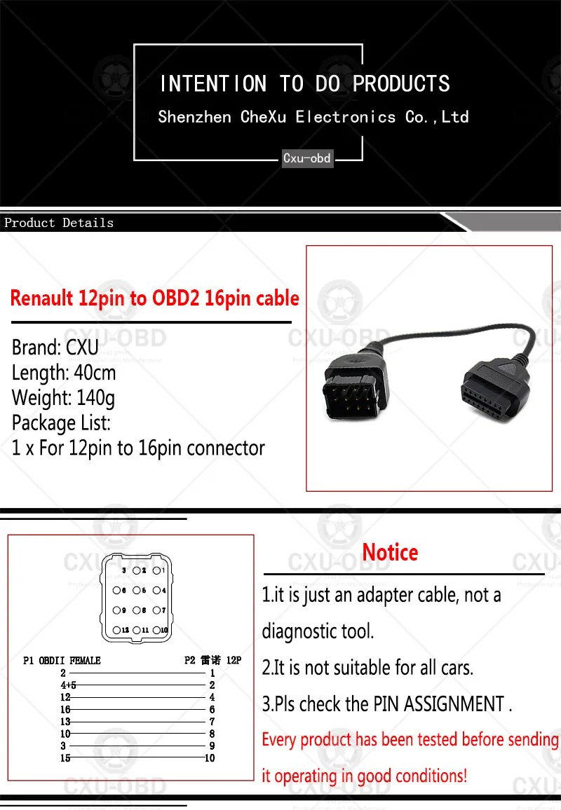 12 Pin 16 Pin OBD 12pin к OBD2 Женский Диагностический адаптер Соединительный кабель с разъемом кабеля для Renault