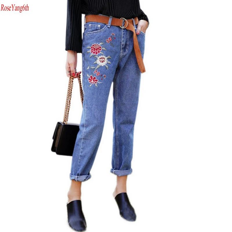 Moda Bordado Flores de Pantalones Anchos de La Pierna 2017 Pantalones Vaqueros Del Verano con Cintura Alta Jeans Mujer Tamaño Grande Pantalon Femme Y71|jeans with high waist|jeans withjeans fashion -