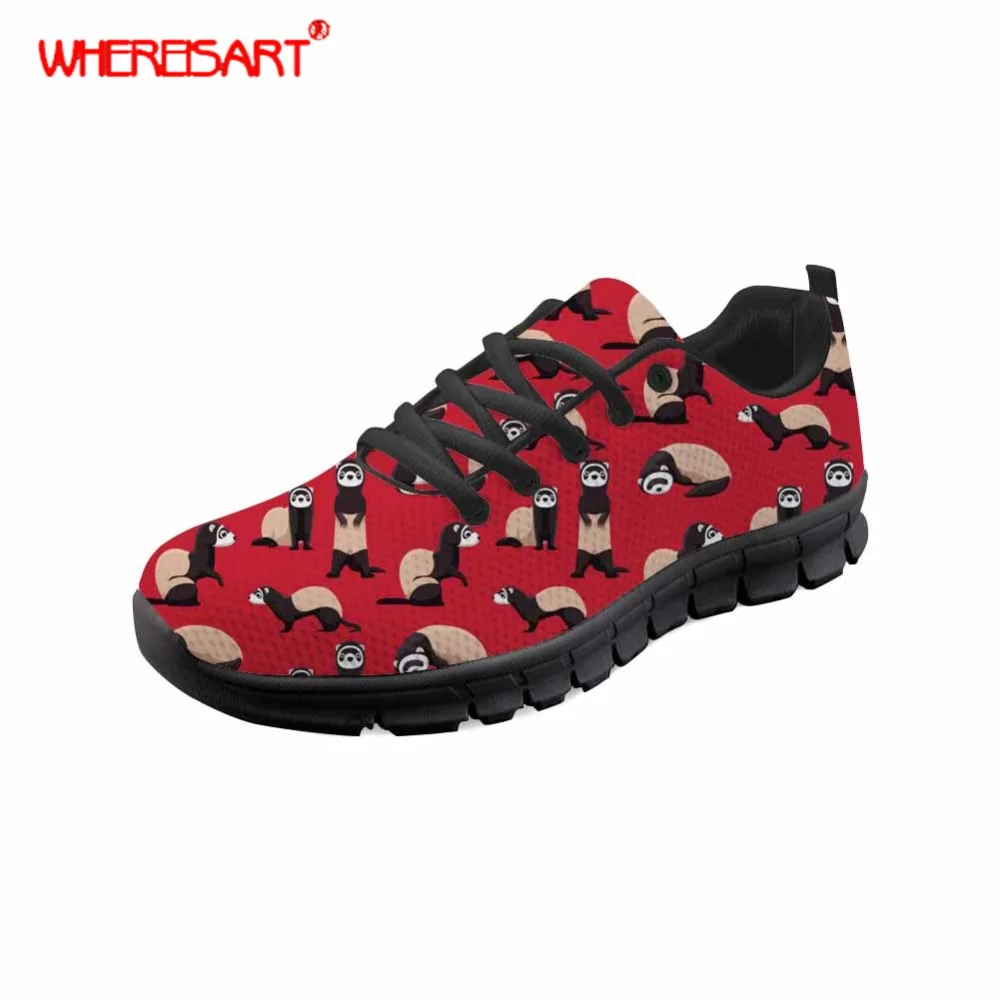 

WHEREISART Shoes Women Cheeky Ferrets Prints Flat Shoes Ladies Round Toe Sneakers White Black Sole Lace-up Light Mesh Shoes 2019