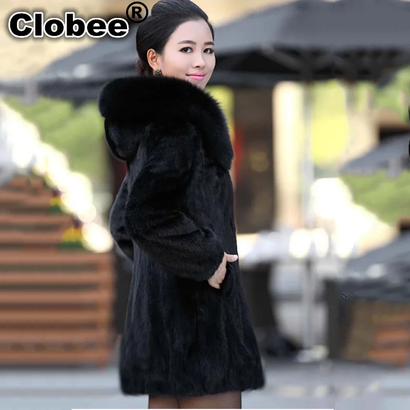 

Women's Fur Coat Thick Warm Winter Black Hooded Coat Faux Fur Mink Fox Hair Collar Medium Faux Fur Coats Women's Winter Jacket