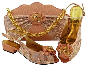 

Beautiful peach women kitten heel shoes with rhinestone bowtie style african shoes match handbag set for dress MM1083