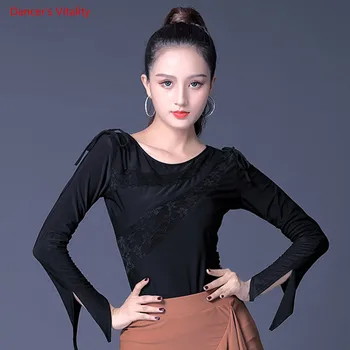 

2019 New Ladies Latin Dance Costume Tops Women Ballroom Salsa Rumba Samba Tango Cha Cha Ballet Dance Long Sleeves Milk Fiber