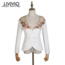 [LIVIVIO] Лоскутная Сетка с открытыми плечами сексуальный Блейзер Пальто Женская футболка с длинными рукавами и блестками бисером блейзеры