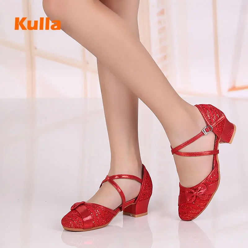 Kids Child Latin Tango Salsa Dance Shoes Red/Gold/Silver Dancing Ballroom Latin Performance Shoes For Women Girls Square Heels