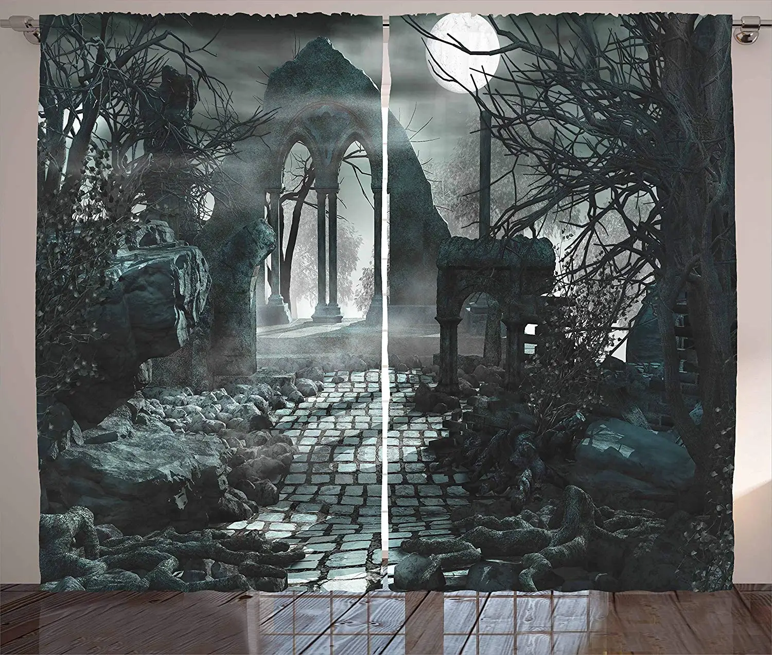 

Gothic Decor Curtains Full Moon Light Over Medieval Temple Ruins at Night Dark Scary Backdrop Image Living Room Bedroom Window