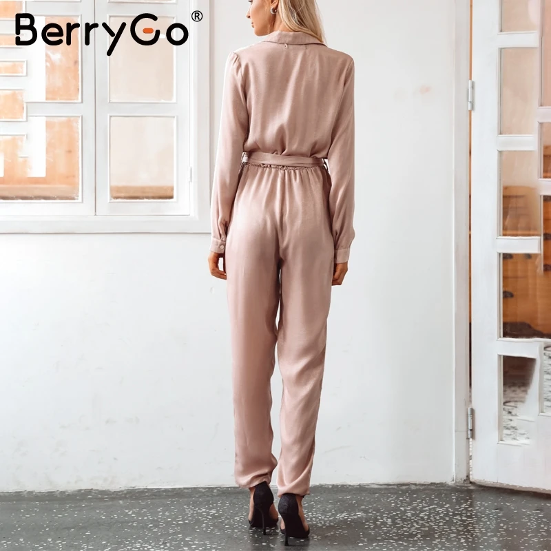 Женский комбинезон с поясом BerryGo Осенний сатиновый на кнопках длинным рукавом и