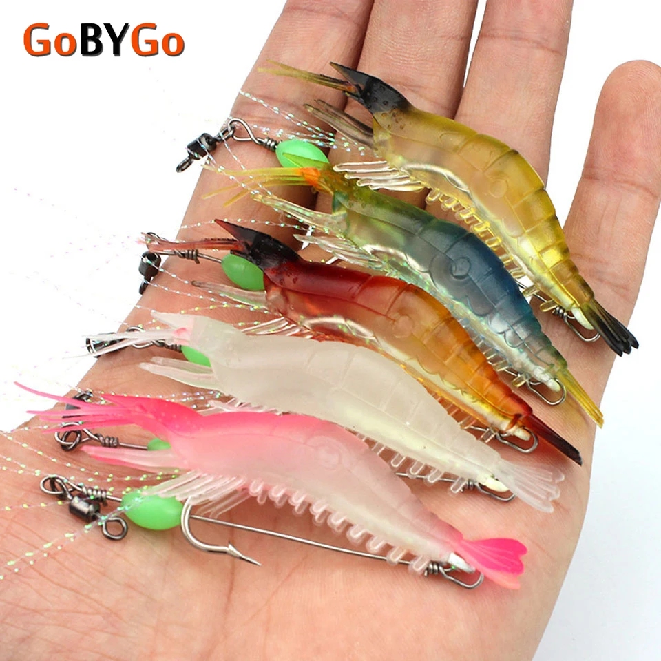 

GoByGo 5Pcs 6g 9cm Luminous Simulation Prawn Soft Shrimp Floating Shaped Worn Fake lure Hook Isca Fishing Lure Artificial Bait