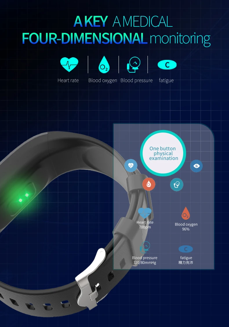 Новейший четырёхмерный мониторинг сердечного ритма кровяное давление кислородный контроль усталости bluetooth smartband для ios android